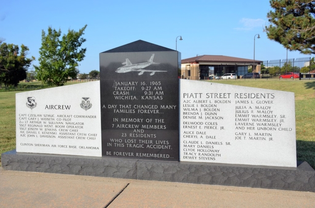 A U.S. Air Force Boeing KC-135A Stratotanker, registration 57-1442, depicted in profile view. This aircraft was involved in a catastrophic crash on January 16, 1965, shortly after takeoff from McConnell Air Force Base in Wichita, Kansas. Experiencing rudder control system failure, the aircraft entered an inverted attitude and impacted a residential area, resulting in the deaths of seven crew members and 23 residents on the ground. The site of the crash, marked by Piatt Memorial Park, serves as a lasting reminder of the event.