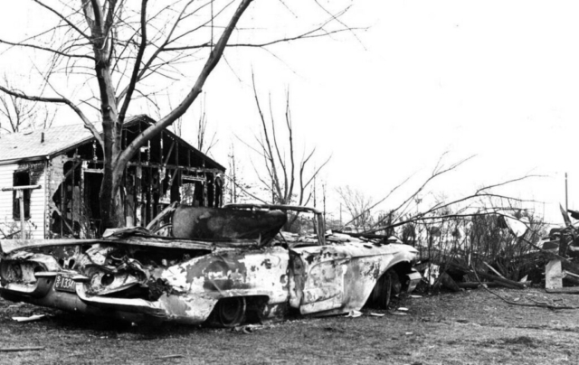 A U.S. Air Force Boeing KC-135A Stratotanker, registration 57-1442, depicted in profile view. This aircraft was involved in a catastrophic crash on January 16, 1965, shortly after takeoff from McConnell Air Force Base in Wichita, Kansas. Experiencing rudder control system failure, the aircraft entered an inverted attitude and impacted a residential area, resulting in the deaths of seven crew members and 23 residents on the ground. The site of the crash, marked by Piatt Memorial Park, serves as a lasting reminder of the event.