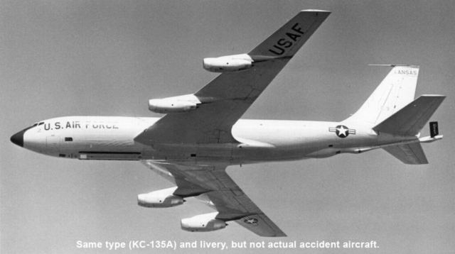 A U.S. Air Force Boeing KC-135A Stratotanker, registration 57-1442, depicted in profile view. This aircraft was involved in a catastrophic crash on January 16, 1965, shortly after takeoff from McConnell Air Force Base in Wichita, Kansas. Experiencing rudder control system failure, the aircraft entered an inverted attitude and impacted a residential area, resulting in the deaths of seven crew members and 23 residents on the ground. The site of the crash, marked by Piatt Memorial Park, serves as a lasting reminder of the event.