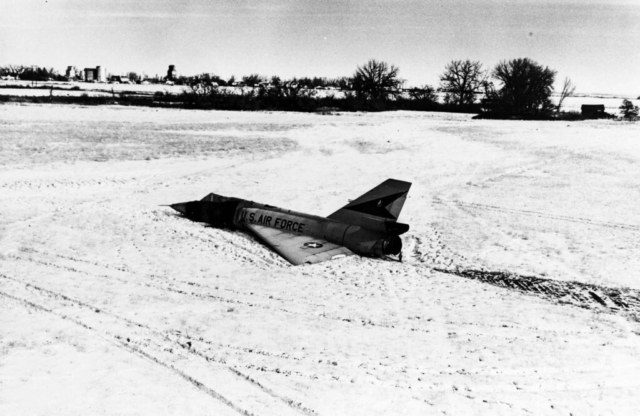 Convair F-106A Delta Dart. During a training mission from Malmstrom Air Force Base on Feb. 2, 1970, this aircraft suddenly entered an uncontrollable flat spin forcing the pilot to eject. Unpiloted, the aircraft recovered on its own, apparently due to the balance and configuration changes caused by the ejection, and miraculously made a gentle belly landing in a snow-covered field near Big Sandy, Montana.