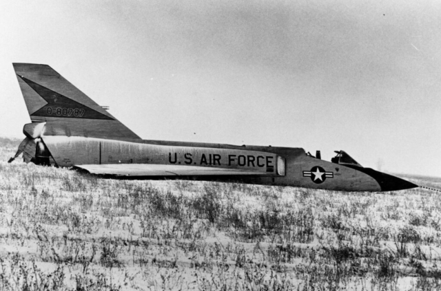 Convair F-106A Delta Dart. During a training mission from Malmstrom Air Force Base on Feb. 2, 1970, this aircraft suddenly entered an uncontrollable flat spin forcing the pilot to eject. Unpiloted, the aircraft recovered on its own, apparently due to the balance and configuration changes caused by the ejection, and miraculously made a gentle belly landing in a snow-covered field near Big Sandy, Montana.