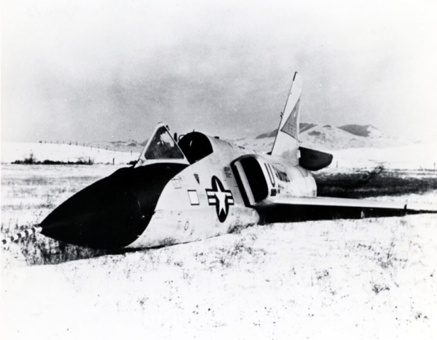 Convair F-106A Delta Dart. During a training mission from Malmstrom Air Force Base on Feb. 2, 1970, this aircraft suddenly entered an uncontrollable flat spin forcing the pilot to eject. Unpiloted, the aircraft recovered on its own, apparently due to the balance and configuration changes caused by the ejection, and miraculously made a gentle belly landing in a snow-covered field near Big Sandy, Montana.