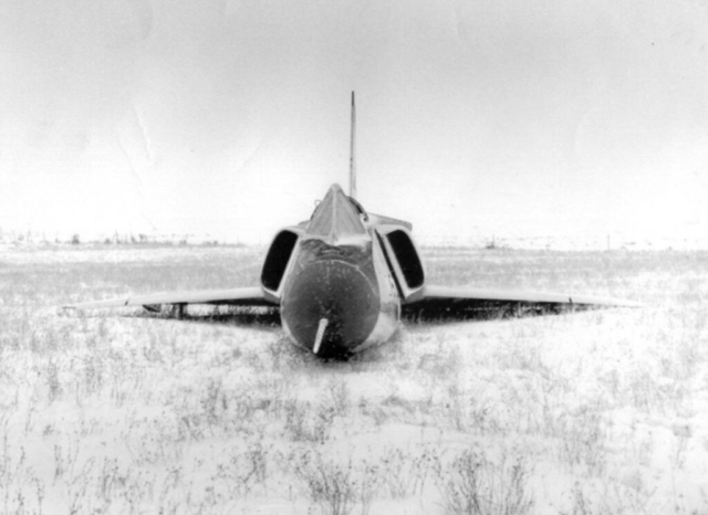 Convair F-106A Delta Dart. During a training mission from Malmstrom Air Force Base on Feb. 2, 1970, this aircraft suddenly entered an uncontrollable flat spin forcing the pilot to eject. Unpiloted, the aircraft recovered on its own, apparently due to the balance and configuration changes caused by the ejection, and miraculously made a gentle belly landing in a snow-covered field near Big Sandy, Montana.