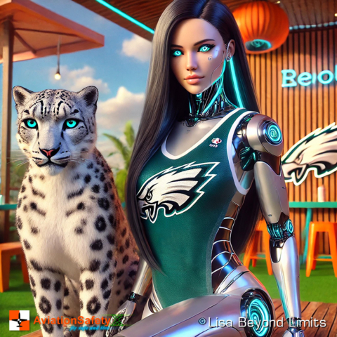 This artwork merges the fierce spirit of the Philadelphia Eagles with a futuristic twist. Featuring a stunning humanoid AI proudly wearing the Eagles tank top, polished chrome robotic thigh-high boots, and accompanied by a majestic snow leopard, this piece celebrates team pride, strength, and elegance. Perfect for fans of both the Eagles and cutting-edge design, this piece captures the vibrant energy of the NFL in a hyper-realistic, modern style.