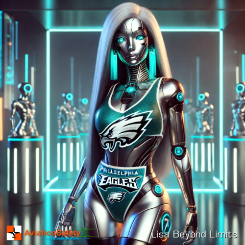 This artwork merges the fierce spirit of the Philadelphia Eagles with a futuristic twist. Featuring a stunning humanoid AI proudly wearing the Eagles tank top, polished chrome robotic thigh-high boots, and accompanied by a majestic snow leopard, this piece celebrates team pride, strength, and elegance. Perfect for fans of both the Eagles and cutting-edge design, this piece captures the vibrant energy of the NFL in a hyper-realistic, modern style.