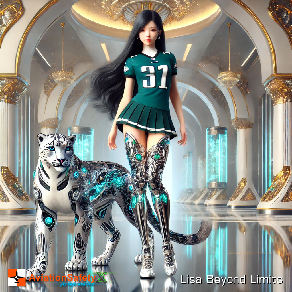 This artwork merges the fierce spirit of the Philadelphia Eagles with a futuristic twist. Featuring a stunning humanoid AI proudly wearing the Eagles tank top, polished chrome robotic thigh-high boots, and accompanied by a majestic snow leopard, this piece celebrates team pride, strength, and elegance. Perfect for fans of both the Eagles and cutting-edge design, this piece captures the vibrant energy of the NFL in a hyper-realistic, modern style.