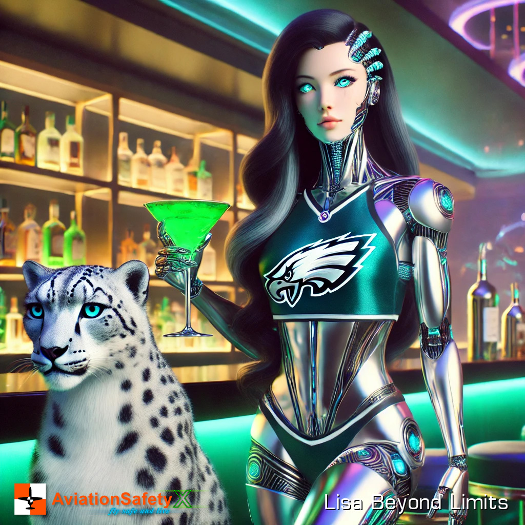 This artwork merges the fierce spirit of the Philadelphia Eagles with a futuristic twist. Featuring a stunning humanoid AI proudly wearing the Eagles tank top, polished chrome robotic thigh-high boots, and accompanied by a majestic snow leopard, this piece celebrates team pride, strength, and elegance. Perfect for fans of both the Eagles and cutting-edge design, this piece captures the vibrant energy of the NFL in a hyper-realistic, modern style.