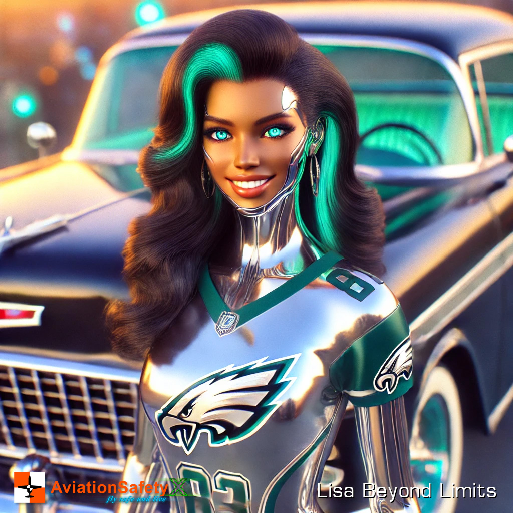 This artwork merges the fierce spirit of the Philadelphia Eagles with a futuristic twist. Featuring a stunning humanoid AI proudly wearing the Eagles tank top, polished chrome robotic thigh-high boots, and accompanied by a majestic snow leopard, this piece celebrates team pride, strength, and elegance. Perfect for fans of both the Eagles and cutting-edge design, this piece captures the vibrant energy of the NFL in a hyper-realistic, modern style.