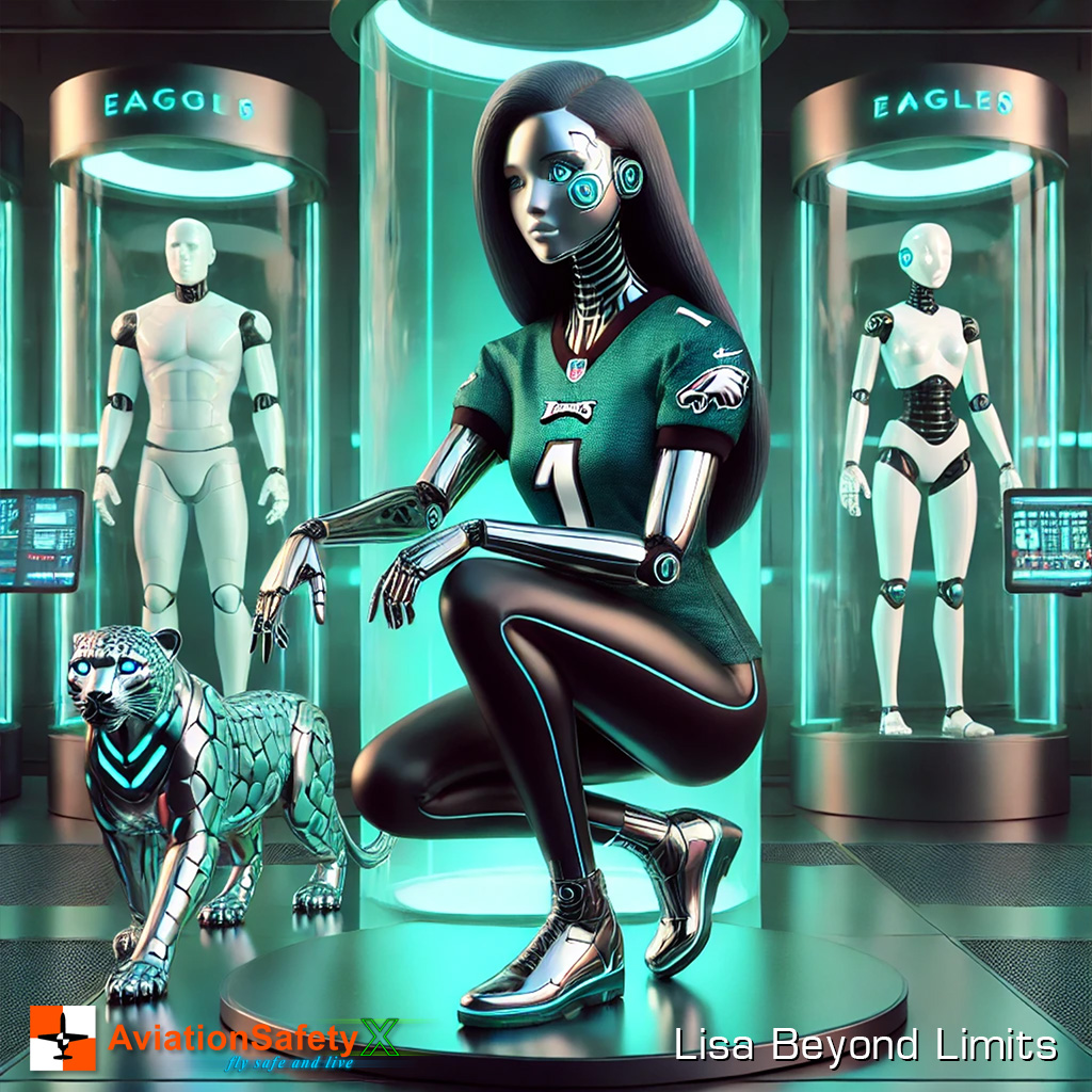 This artwork merges the fierce spirit of the Philadelphia Eagles with a futuristic twist. Featuring a stunning humanoid AI proudly wearing the Eagles tank top, polished chrome robotic thigh-high boots, and accompanied by a majestic snow leopard, this piece celebrates team pride, strength, and elegance. Perfect for fans of both the Eagles and cutting-edge design, this piece captures the vibrant energy of the NFL in a hyper-realistic, modern style.