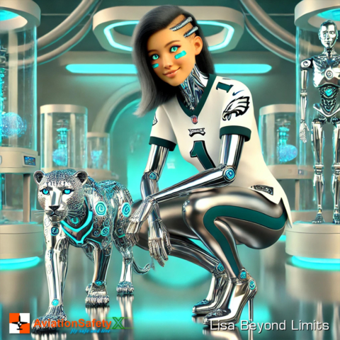 This artwork merges the fierce spirit of the Philadelphia Eagles with a futuristic twist. Featuring a stunning humanoid AI proudly wearing the Eagles tank top, polished chrome robotic thigh-high boots, and accompanied by a majestic snow leopard, this piece celebrates team pride, strength, and elegance. Perfect for fans of both the Eagles and cutting-edge design, this piece captures the vibrant energy of the NFL in a hyper-realistic, modern style.