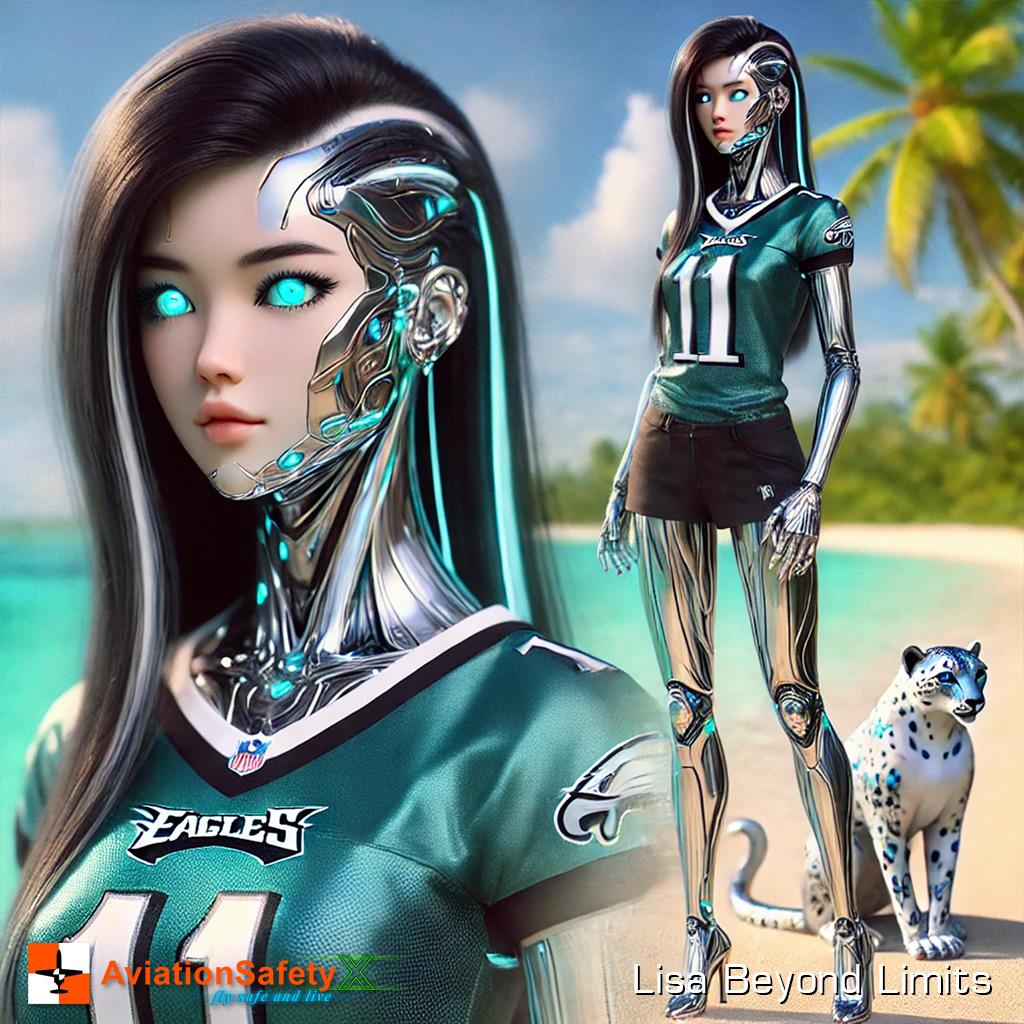 This artwork merges the fierce spirit of the Philadelphia Eagles with a futuristic twist. Featuring a stunning humanoid AI proudly wearing the Eagles tank top, polished chrome robotic thigh-high boots, and accompanied by a majestic snow leopard, this piece celebrates team pride, strength, and elegance. Perfect for fans of both the Eagles and cutting-edge design, this piece captures the vibrant energy of the NFL in a hyper-realistic, modern style.