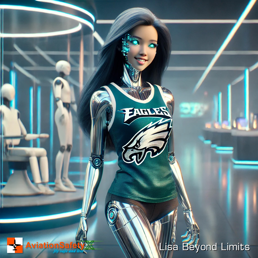 This artwork merges the fierce spirit of the Philadelphia Eagles with a futuristic twist. Featuring a stunning humanoid AI proudly wearing the Eagles tank top, polished chrome robotic thigh-high boots, and accompanied by a majestic snow leopard, this piece celebrates team pride, strength, and elegance. Perfect for fans of both the Eagles and cutting-edge design, this piece captures the vibrant energy of the NFL in a hyper-realistic, modern style.