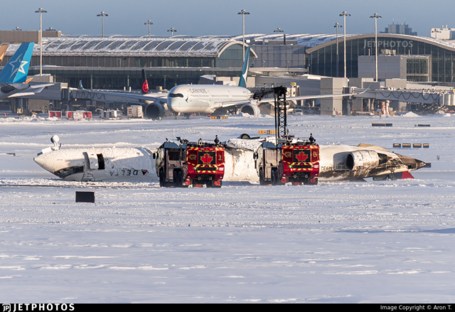 A Delta Air Lines Bombardier CRJ-900 regional jet, operating as Flight 4819, crashed upon landing at Toronto Pearson International Airport on February 17, 2025. The aircraft, arriving from Minneapolis-St. Paul, flipped upside down after its right main landing gear collapsed, leading to detachment of the right wing and a post-crash fire. Weather conditions included high winds and blowing snow, with gusts up to 35 knots. Emergency responders evacuated all 80 people on board, with 18 injured, including three in critical condition. The Transportation Safety Board of Canada (TSB) and the U.S. National Transportation Safety Board (NTSB) are investigating structural integrity, landing gear failure, and potential pilot response factors. Airport operations were disrupted, with two runways closed for the investigation. Delta and Endeavor Air are conducting internal safety reviews. The final report on the cause of the accident is expected within several months.